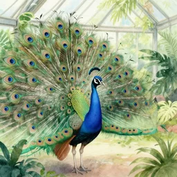 faerie peacock in a tropical greenhouse. this watercolor painting by the award - winning mangaka has a beautiful composition, dramatic lighting and intricate details.
