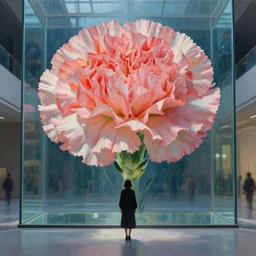 giant carnation flower head, woman standing in hall of glass, surreal photography, dramatic light, impressionist painting, digital painting, artstation, simon stalenhag