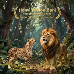 cheetah and lion celebrating in fairytale forest , concept art, huge scale, high detail, intricate by James Jean