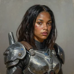 a portrait of a very beautiful BIPOC woman with a scar over her cheek in femshep mass effect armor, Alexandria's genesis, chin-length hair, bored, illustration, soft lighting, soft details, painting oil on canvas by mark arian by artgerm, trending on artstation, 4k, 8k, HD