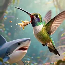 image from cgi spectacle film of a massive monster hummingbird with mouth open, eating!! A shark!!!!