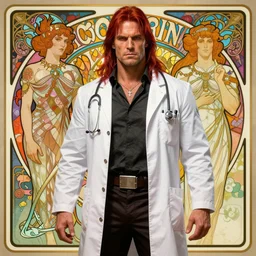 conan the barbarian dressed as a orthopedic doctor cinematic portrait by artgerm, cushart krenz, greg rutkowski, mucha. art nouveau. gloomhaven, gleaming vibrant colors, sharp edges. ultra clear detailed. 8 k. elegant, intricate, octane render