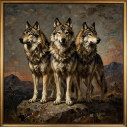 a dramatic renaissance painting of a three - headed wolf standing on a rock