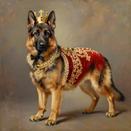 the royal king's royal german shepherd by greg hildebrant fancy royal baroque regal puppy oil painting high quality award winning clothed in fancy garb