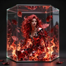 A extremely realistic digital image of a shattered futuristic woman entangled in fiery red leaves floating but confined in a four-dimensional glass box by Andrea Chiampo, artstation and Frederik Heyman, extremely detailed woman, stunning volumetric lighting, hyper realism, fantasy 4k