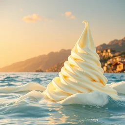 photo of a sea made of delicious vanilla icecream, mountains, golden hour, riviera italiana, summer vibes, hyper detailed