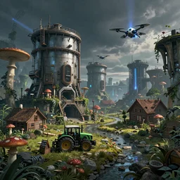 fully detailed landscape of a cyberpunk cunderground , watertank, futuristic tractors, farmhouse, mushroom, overgrowth,  Ai , Bots , drones , cinematic lightening, in the future, high quality, 8k , octane render, trending on artstation , greg rutowski