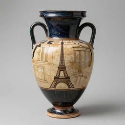a beautiful amphora with drawings of the eiffel tower, ancient greece, 2 0 0 bc, museum item