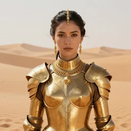 young dejah thoris on mars wearing detailed plate armor made of gold, portrait, close - up, high noon, gold jewelry, elegant small tiara, giant sand dunes to the horizon, fantasy, sc - fi movie poster from the 3 0's