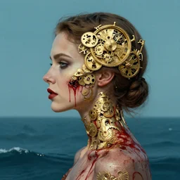 portrait of russian woman :: side profile :: in ocean :: clockwork details :: gold :: blood and horror ::  by marvel and Sandra Chevrier