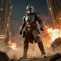 off angle beautiful full body shot film still of the Mandalorian at night in science fiction post apocalyptic Mos Eisley city i’m tattooine, explosions, volumetric lighting, dust, smoke, fire, action pose, low angle, hard surface modeling, lens flare, J.J. Abrams , Gilbert Taylor, George Lucas, zbrush, unreal, blender, redshift, 3d model, 8k
