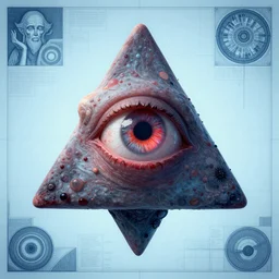 portrait of triangle shaped goblin head with single centered giant bloodshot eye, in the style of Greg Broadmore and Arthur Rackham,trending on artstation, light lighting side view,digital art,surrealism ,macro,blueprint ,vaporwave ,