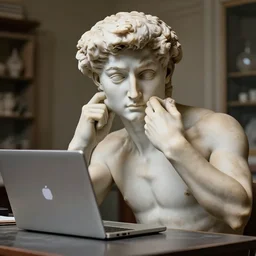 photo of a intricately detailed marble statue of david facepalming with a laptop on his lab, because of his slow internet by leonardo davinci