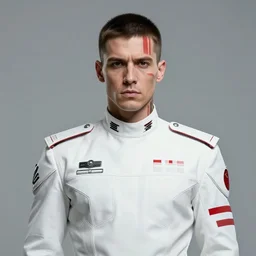 portrait of a man with red and white stripe tattoos, futuristic white military uniform, clean, determined expression, art by Artgerm