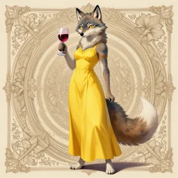 digital painting. a very pretty wolf lady fursona in a long yellow dress standing on her bare paws holding a glass of overflowing wine, by nekro. intricate, highly detailed background. 4 k. trending on artstation