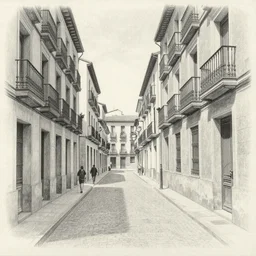 ultrarealistic pencil drawing by Isabel Quintanilla, of a quiet street in Madrid, 1984