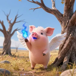 the cute little pig has wings like angels, blue flames from his mouth, hit the dead trees on the prairie, under a clear sky, rich in detail, fantasy, avatar style