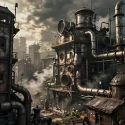 a steampunk city, pipes, vents, steam, rundown