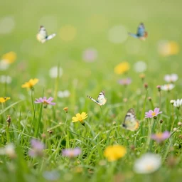 a macro of a beautiful meadow, an abundance of flowers and butterflies, surrounded by dirty industrial buildings, heavy smoke, cinematic light, god rays, fantasy landscape,