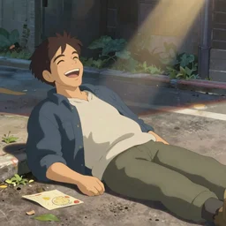 ron desantis laughing at poor person laying on the street by studio ghibli