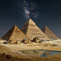 an establishing shot of the cyberpunk pyramids of giza, digital art, fantasy painting, at night time, ancient civilisation, construction, turbines, dark sky, clear sky, reflecting pool, milky way, muted colours, by paul lehr, jesper ejsing