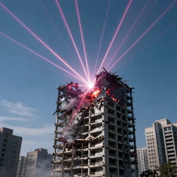 building being destroyed by laser strike from the sky, 4k render