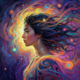 side profile portrait, maya ali, wind sorceresses, organic street painting, gloomhaven, luminescent, colorful swirly magic ripples, gaudy colors, by greg manchess, huang guangjian, gil elvgren, sachin teng, greg rutkowski, jesper ejsing, ilya kuvshinov