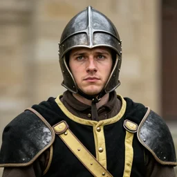 Medium closeup young idealistic and pious homely male Imperial soldier wearing a black tabard with light yellow accents over a brown gambeson and a barbute helm!!!!!, by Raymond Swanland Greg Rutkowski Lise Deharm, {perfect face}, {perfect eyes}, {uncertain look}, {on edge}