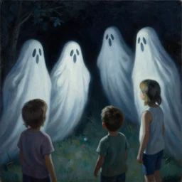 A painting of kids seeing ghosts at night by George Condo