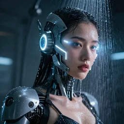 photo of female dancer as a cyberpunk mecha humanoid robotic head shoulder parts with straight bright led lights, under a shower, wet skin with water dripping down face, ultra - realistic and detailed, long exposure 8 k