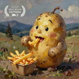 an oil painting of a Potato with tattoos eating fries