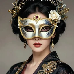 portrait of a woman wearing a mask, elegant, fancy clothing, ornaments, highly detailed, full - color, beautiful, mesmerizing, concept art, artstation, trending, behance, deviantart, by hideyuki morioka, akio watanabe, ito ogure, vofan