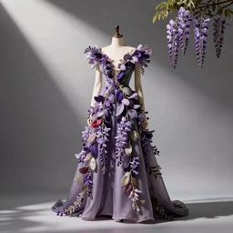 “high fashion dress made of multicolor wisteria branches ”