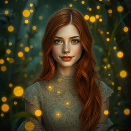 young woman surrounded by golden firefly lights, amidst nature fully covered by a intricate detailed dress, long red hair, precise linework, accurate green eyes, small nose with freckles, smooth oval shape face, empathic, bright smile, expressive emotions, nocturnal spiritual scene, hyper realistic ultrafine art by artemisia gentileschi, jessica rossier, boris vallejo