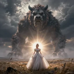giant monster by grzegorz rutkowski, atmospheric haze, stormy, tundra, princess in foreground, large scale