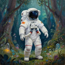 a painting of an astronaut in a futuristic enchanted forest by paul lehr