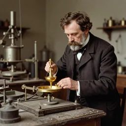 august strindberg examines gold making equipment in dusty victorian era laboratory, alchemy equipment in background, 1890 photo, lumiere, realistic, depth of field