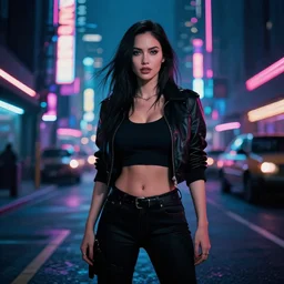 cyberpunk megan fox, standing on a cyberpunk street at night, streets are lit with neon lights