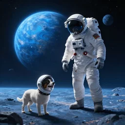 Astronaut explores surface of blue alien planet with dog wearing a space helmet, digital concept art, cinematic lighting