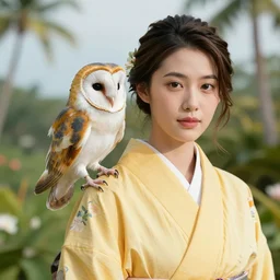 portrait photo of a woman wearing a yellow kimono and a very detailed barn owl on her shoulder in a tropical house