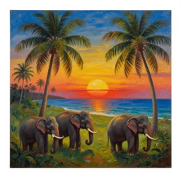 psychedelic surreal oil painting of a sri lankan landscape at sunset, coconut trees morphing into elephants in the foreground, ocean sunset in the background, realistic oil painting by gustave dore, - h 6 4 0,