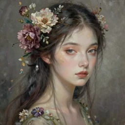 a beautiful floral fae, graceful beauty, esoteric, muted colors, head in focus, fae aesthetics, intricate details, elegant, highly detailed, hyperrealistic painting, concept art, painterly, sharp focus, illustration, art by hans jokem bakker