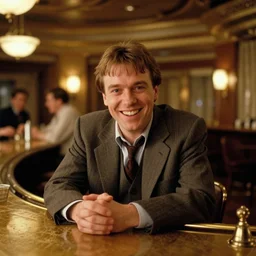 photorealistic cinematography of the character jack torrance from stanley kubrick's 1 9 8 0 film the shining sitting at the overlook hotel's gold ballroom bar laughing right at the camera shot on 3 5 mm 5 2 4 7 film by the shining cinematographer john alcott on a 1 8 mm cooke panchro lens.