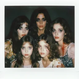 an instant photo of a beautiful but sinister family in layers of fear, with haunted eyes and tangled dark hair, 1 9 7 0 s, seventies, delicate embellishments, a little blood, crimson, painterly, offset printing technique, mary jane ansell