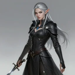 beautiful silver hair female dark elf drow, wielding a dagger, concept art