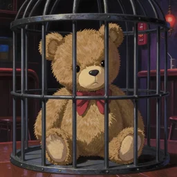 sad teddy bear locked up in iron cages at an english night club, darkly playful color scheme, intricate details, matte painting, illustration, by hayao miyazaki