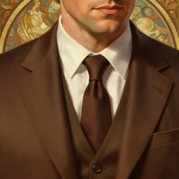 close up of kevin malone wearing a brown suit and necktie, focus, d & d, intricate, elegant, highly detailed, digital painting, artstation, concept art, matte, sharp focus, illustration, hearthstone, art by artgerm and greg rutkowski and alphonse mucha