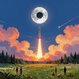 solar eclipse, hexagon moon, people in grassland and forest, bright, colorful clouds, rocket launching, matte painting, trending on artstation, simon stalenhag