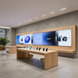 ( ( ( 2 0 5 0 s flagship retail interior. experience. telco digital screens phones. wood, polished concrete, neon, ceiling spots. plants. samsung microsoft apple nike adidas tesla muted colors. ) ) ) by hugh ferriss!!!!!!!!!!!!!!!!!!!!!!!!!!!