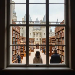 figure looking through a wide window, castle library, photorealistic by michael komarck, greg rutkowski, victo ngai, artgerm, willem claesz heda